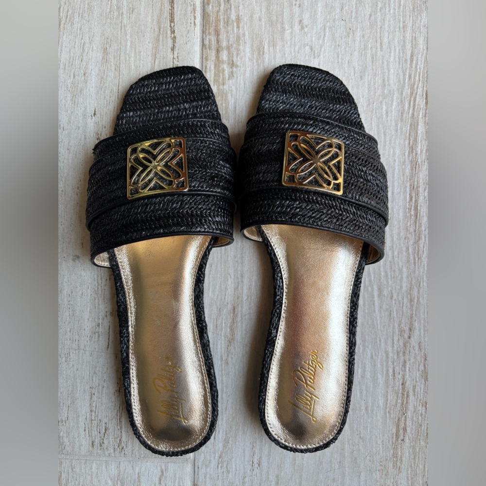 Lilly Pulitzer Black and Gold Slide Sandals 10